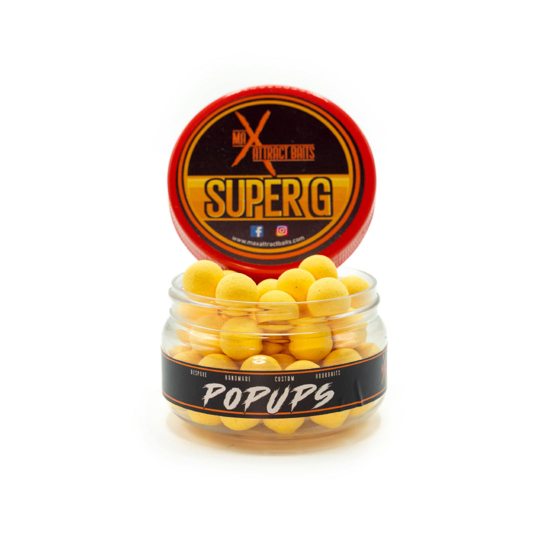pot of max attract baits super g yellow popups set in white back ground