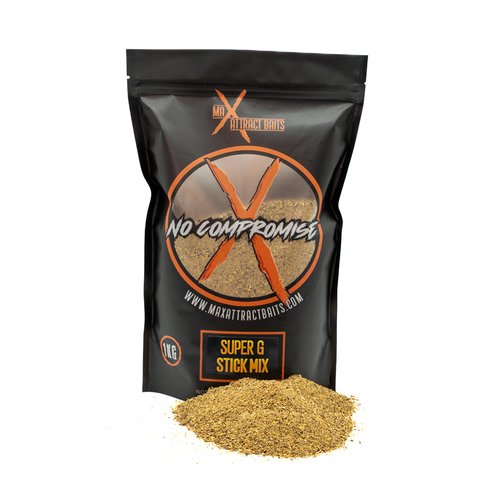 1kg bag of max attract baits Super G stick mix set in white background with pile of brown stick mix in front of bag